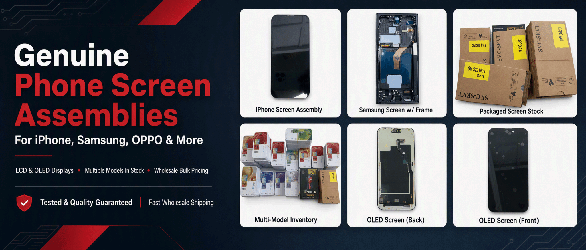 Genuine phone screen assemblies for iPhone, Samsung & OPPO — wholesale LCD and OLED display replacement parts with quality guarantee