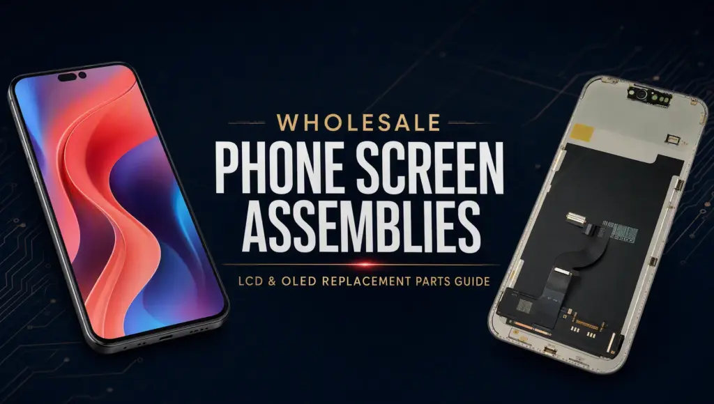 Wholesale phone screen assemblies and LCD OLED replacement parts guide featuring iPhone and Samsung display modules on dark tech background