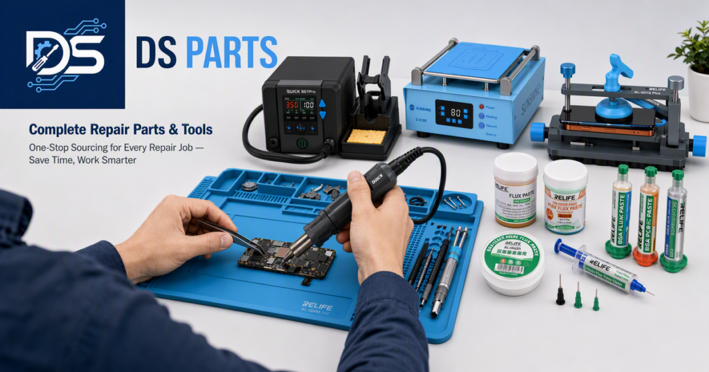 DS Parts one-stop phone repair tools and consumables — soldering rework station, LCD screen separator, screen removal press fixture, flux paste and silicone work mat for professional repair shops