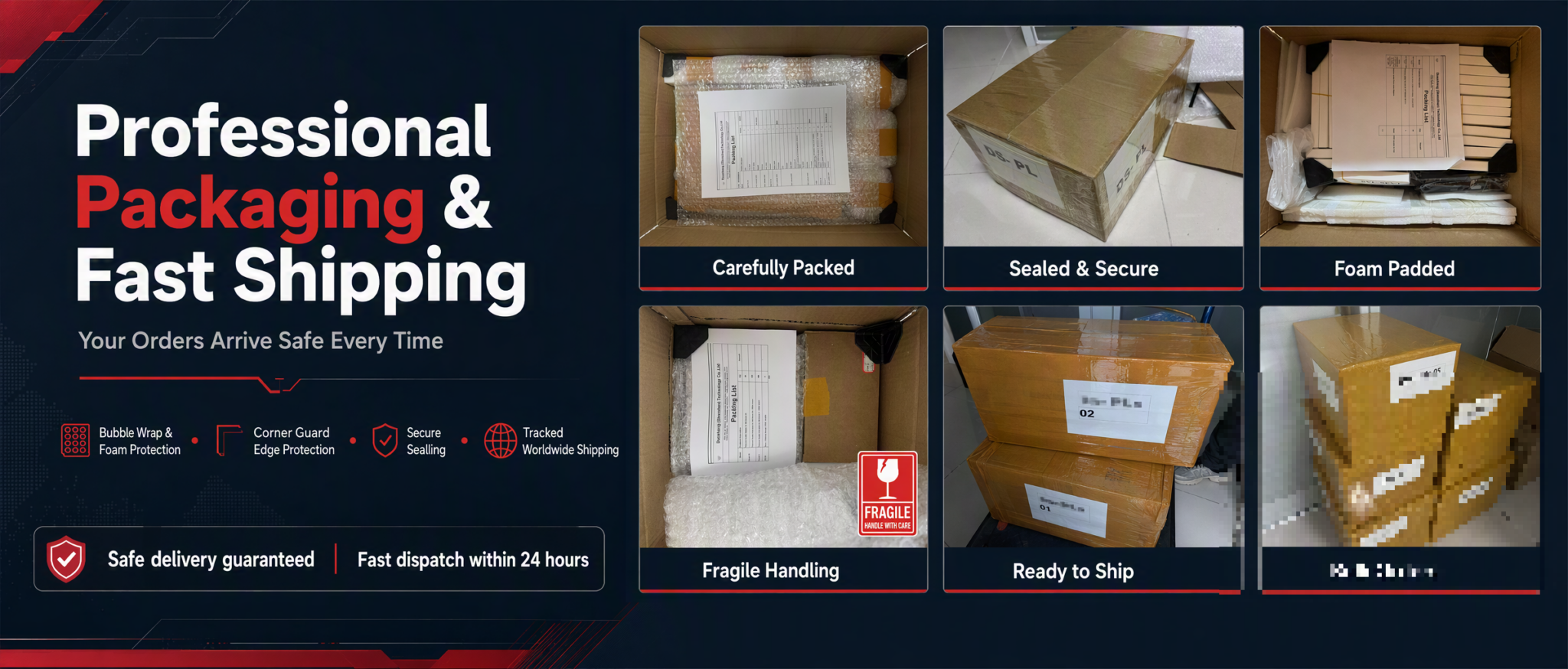 Professional packaging and fast shipping service for wholesale laptop and phone repair parts — bubble wrap, foam padding, corner guards, sealed boxes, fragile handling, and bulk order shipment preparation