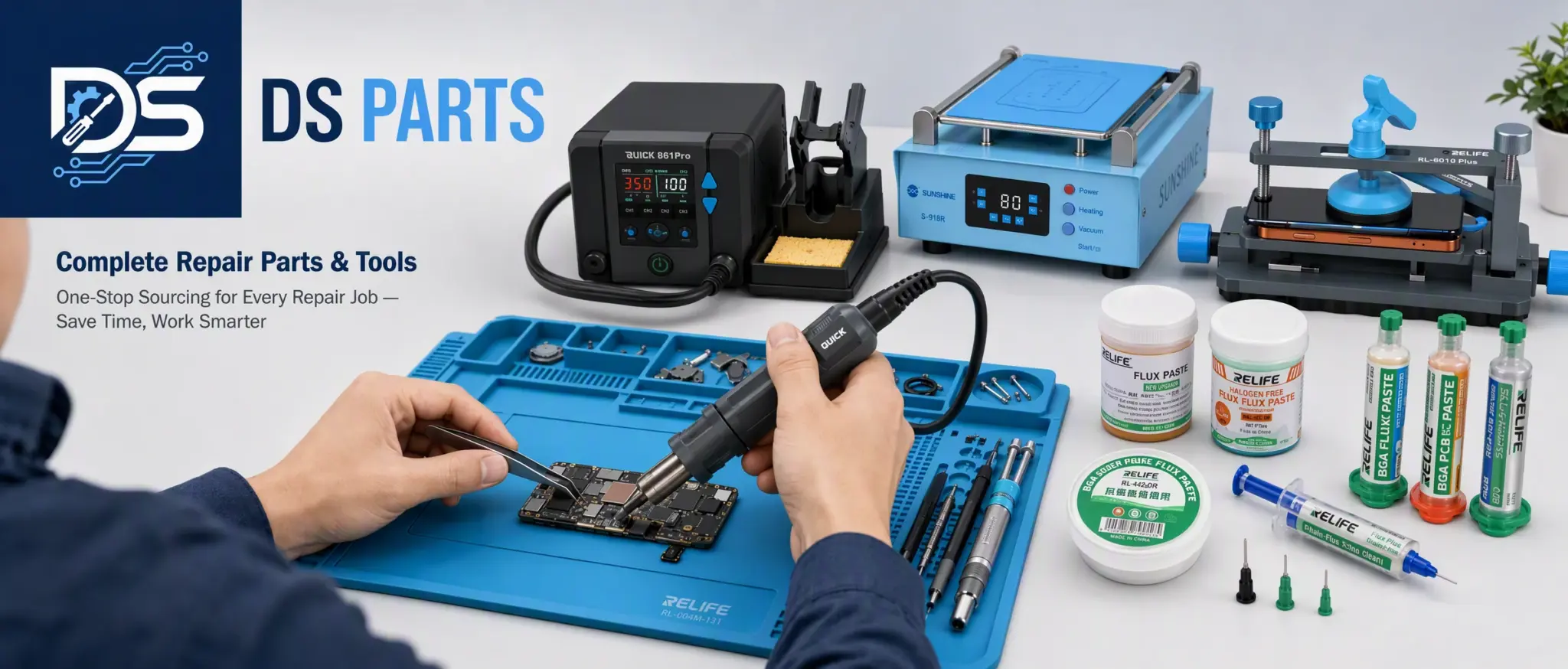 DS Parts phone and electronics repair tools and consumables — rework station, screen separator, sealing press, flux paste and repair mats for one-stop UK sourcing