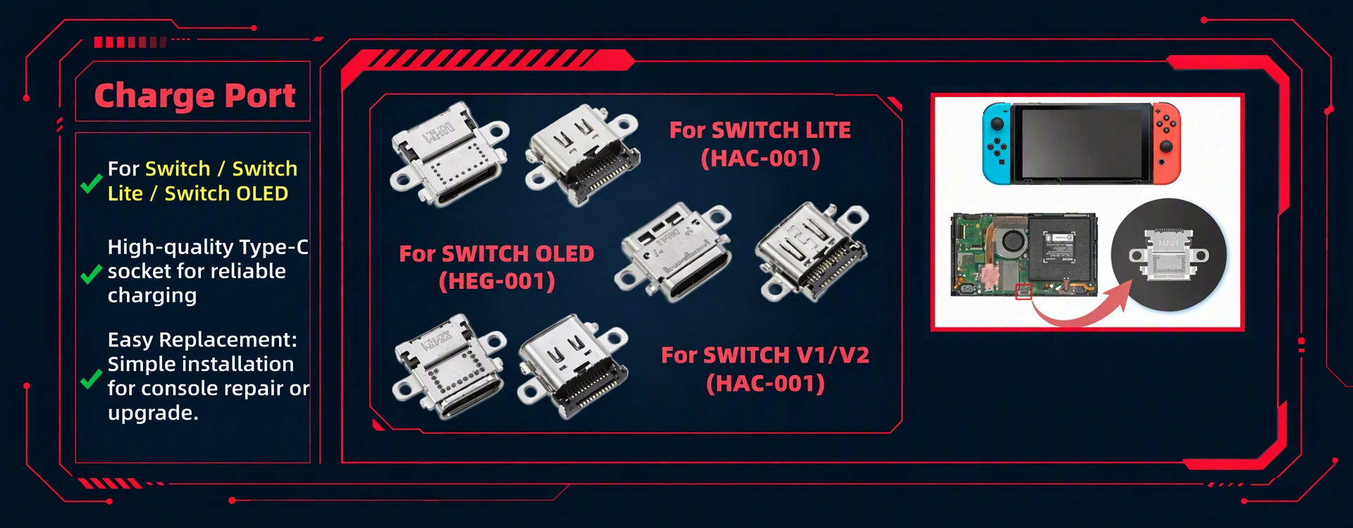 Nintendo Switch Type-C charging port replacement for Switch Lite, OLED, and V1/V2